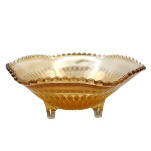 Vintage Jeannette Carnival Glass Anniversary Marigold Three Footed Candy Dish